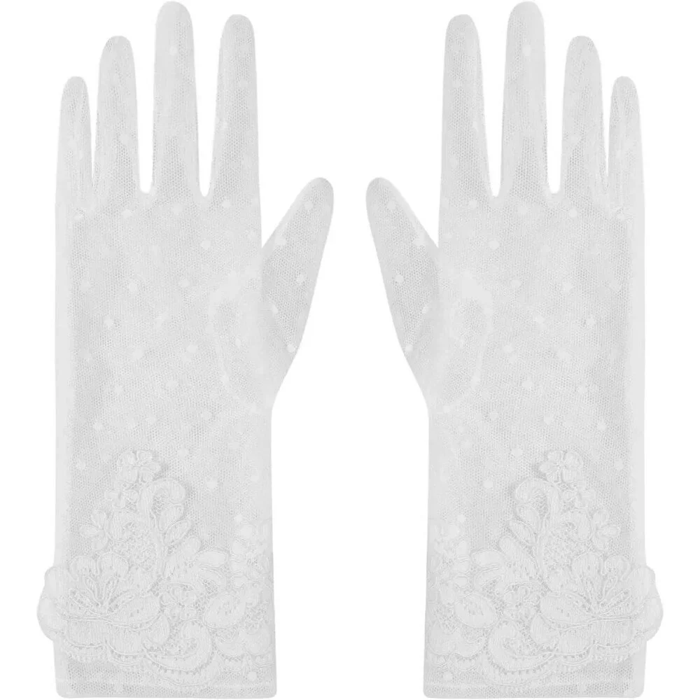 Women's Lvory 01 Short Floral Lace Gloves Sheer Mesh Bridal Wedding Party Prom
